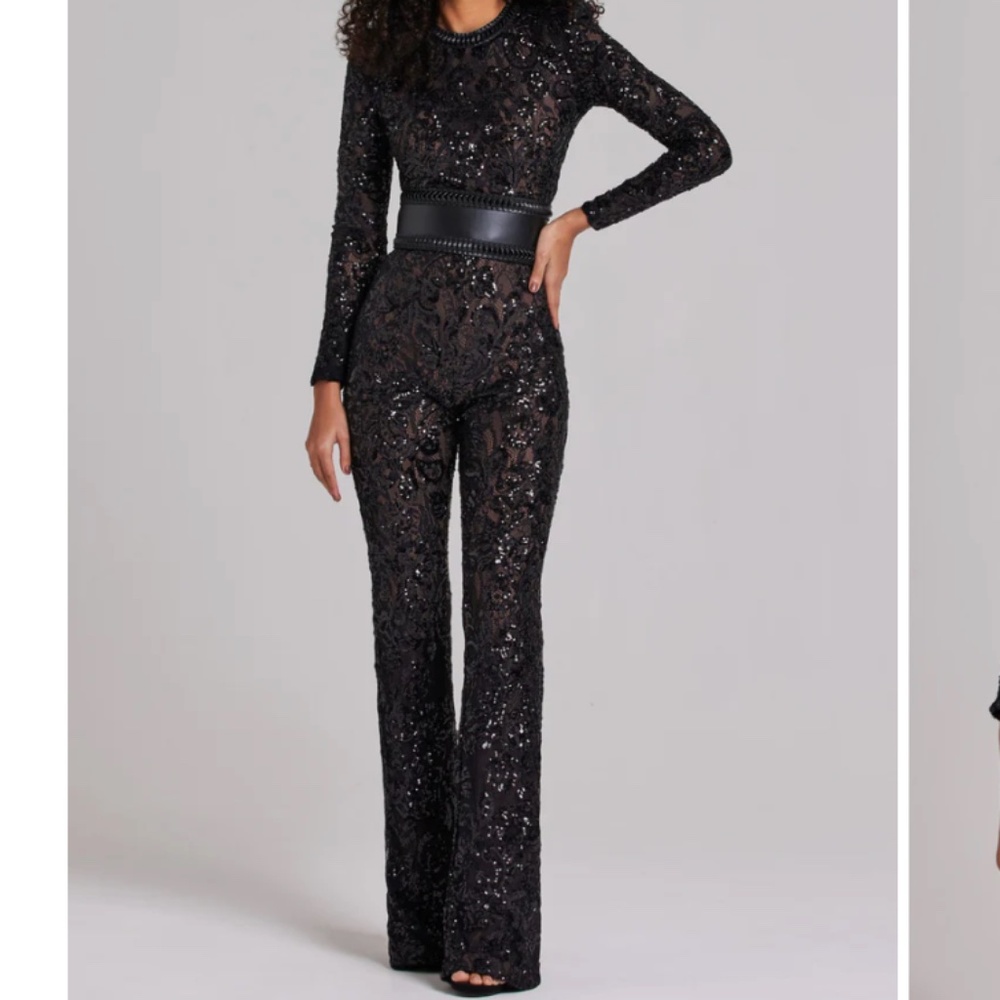 New Nadine Merabi Bella Black Floral Lace Jumpsuit Original Price $435 Sz: 16/XL